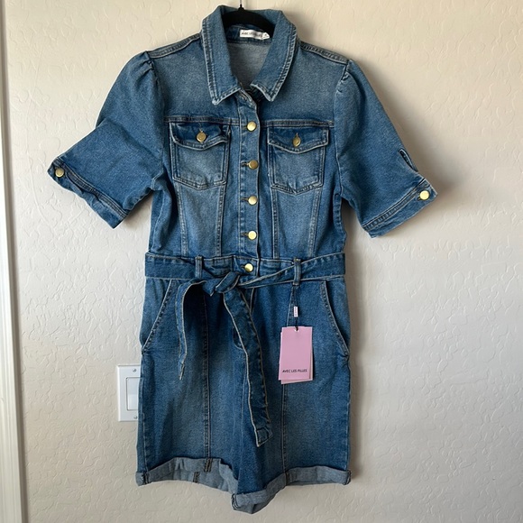 Avec Les Filles Puff Sleeve Denim Romper Shorts Size XS Blue - Picture 2 of 16